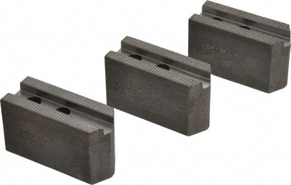 Abbott Workholding Products - 5" & Up Chuck Capacity, 1.5mm x 60° Serrated Attachment, Square Soft Lathe Chuck Jaw - 3 Jaws, Steel, 3/4" Btw Mount Hole Ctrs, 2-1/2" Long x 1" Wide x 1-1/2" High, 0.3937" Groove, 0.315" & 8mm Fastener - Strong Tooling