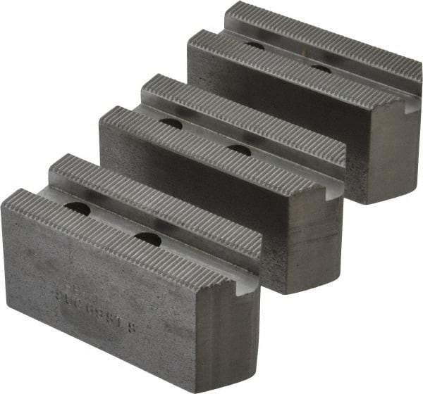 Abbott Workholding Products - 6" & Up Chuck Capacity, 1.5mm x 60° Serrated Attachment, Square Soft Lathe Chuck Jaw - 3 Jaws, Steel, 63/64" Btw Mount Hole Ctrs, 3" Long x 1-1/4" Wide x 1-1/2" High, 0.4331" Groove, 0.315" & 8mm Fastener - Strong Tooling