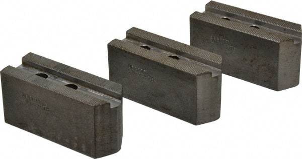 Abbott Workholding Products - 8" & Up Chuck Capacity, 1.5mm x 60° Serrated Attachment, Square Soft Lathe Chuck Jaw - 3 Jaws, Steel, 1.1811" Btw Mount Hole Ctrs, 4" Long x 1-1/2" Wide x 2" High, 0.5512" Groove, 0.3937" & 10mm Fastener - Strong Tooling