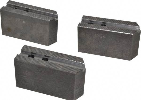 Abbott Workholding Products - 10" & Up Chuck Capacity, 1.5mm x 60° Serrated Attachment, Square Soft Lathe Chuck Jaw - 3 Jaws, Steel, 1.1811" Btw Mount Hole Ctrs, 5-1/2" Long x 2" Wide x 3" High, 0.6299" Groove, 0.4724" & 12mm Fastener - Strong Tooling