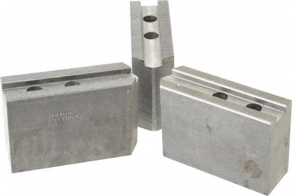 Abbott Workholding Products - 10" & Up Chuck Capacity, 1.5mm x 60° Serrated Attachment, Square Soft Lathe Chuck Jaw - 3 Jaws, Steel, 1.2598" Btw Mount Hole Ctrs, 4-1/2" Long x 1-1/2" Wide x 3" High, 0.6299" Groove, 0.4724" & 12mm Fastener - Strong Tooling