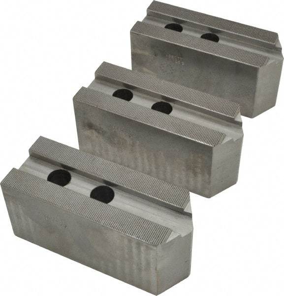 Abbott Workholding Products - 15 to 18" Chuck Capacity, 1.5mm x 60° Serrated Attachment, Square Soft Lathe Chuck Jaw - 3 Jaws, Steel, 1.6929" Btw Mount Hole Ctrs, 6-1/2" Long x 2-1/2" Wide x 3" High, 0.8661" Groove, 0.7874" & 20mm Fastener - Strong Tooling