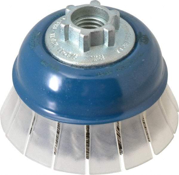 JAZ USA - 2-3/4" Diam, 5/8-11 & M14x2.00 Threaded Arbor, Stainless Steel Fill Cup Brush - 0.02 Wire Diam, 3/4" Trim Length, 15,000 Max RPM - Strong Tooling
