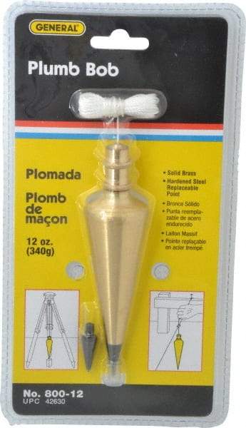 General - 5 Inch Long, 1-3/8 Inch Diameter Brass Plumb Bob - 12 Ounce, Has Replacable Tip - Strong Tooling