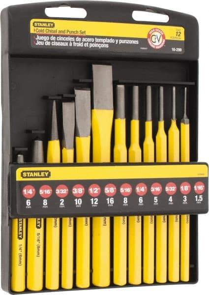 Stanley - 12 Piece Punch & Chisel Set - 3/8 to 5/8" Chisel, 1/16 to 5/16" Punch, Hex Shank - Strong Tooling