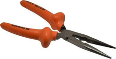 Facom - 8-9/32" OAL, 2-23/32" Jaw Length x 1-3/8" Jaw Width, Long Nose Side Cutting Burnished Insulated Pliers - Serrated Jaw, Half Round Nose Head, Plastic Coated Handles - Strong Tooling