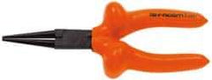 Facom - 6-7/8" OAL, 1-25/32" Jaw Length x 1-5/16" Jaw Width, Long Nose Side Cutting Insulated Pliers - Serrated Jaw, Round Thin Nose Head, Cushion Grip Handles - Strong Tooling