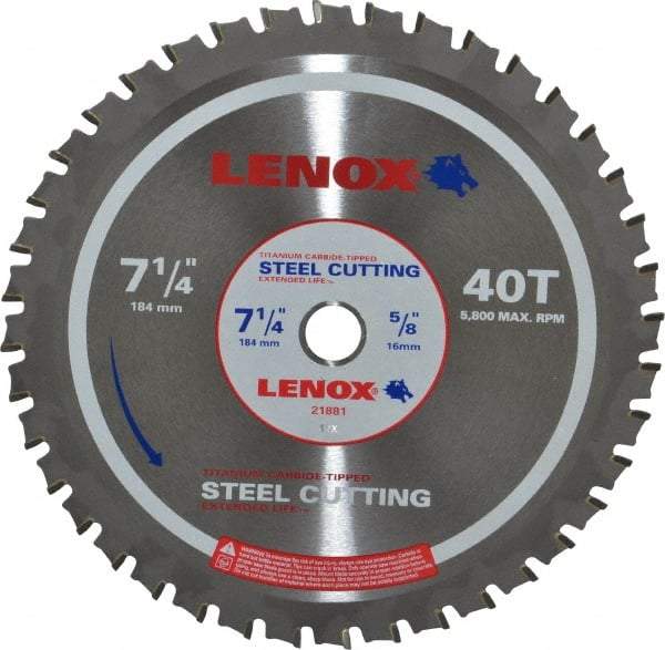 Lenox - 7-1/4" Diam, 5/8" Arbor Hole Diam, 40 Tooth Wet & Dry Cut Saw Blade - Titanium Carbide-Tipped, General Purpose Action, Standard Round Arbor - Strong Tooling