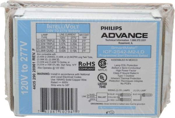 Philips Advance - 1 or 2 Lamp, 120-277 Volt, 0.21 to 0.78 Amp, 0 to 39, 40 to 79 Watt, Programmed Start, Electronic, Nondimmable Fluorescent Ballast - 0.80, 0.85, 0.93, 0.94, 0.95, 0.96, 0.97, 0.98, 1.00 Ballast Factor - Strong Tooling