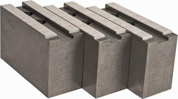 Abbott Workholding Products - 15 to 18" Chuck Capacity, 1.5mm x 60° Serrated Attachment, Square Soft Lathe Chuck Jaw - 3 Jaws, Steel, 1.6929" Btw Mount Hole Ctrs, 6-1/2" Long x 2-1/2" Wide x 4" High, 0.8661" Groove, 0.7874" & 20mm Fastener - Strong Tooling