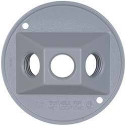 Cooper Crouse-Hinds - 3 Outlet, 1/2" Hole Diam, Powder Coat Finish, Round Noncorrosive Weatherproof Box Cover - 4-1/2" Wide x 9/16" High, Wet Locations, Aluminum, UL Listed - Strong Tooling