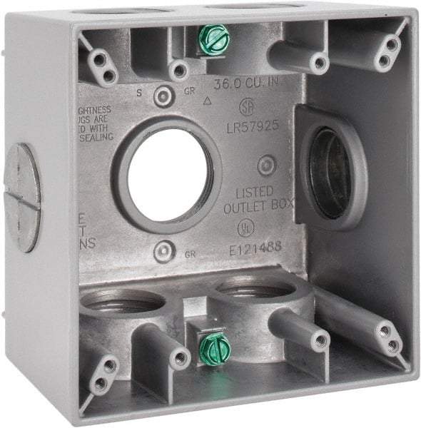 Cooper Crouse-Hinds - 2 Gang, (7) 1" Knockouts, Aluminum Square Outlet Box - 4-1/2" Overall Height x 4-1/2" Overall Width x 2-21/32" Overall Depth, Weather Resistant - Strong Tooling