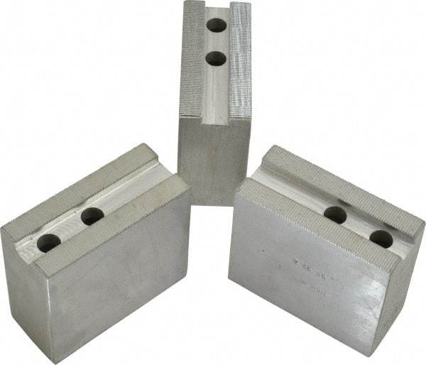 H & R Manufacturing - 11" Chuck Capacity, 1.5mm x 60° Serrated Attachment, Square Soft Lathe Chuck Jaw - 3 Jaws, Aluminum, 1.181" Btw Mount Hole Ctrs, 4" Long x 1-3/4" Wide x 3-1/2" High, 0.63" Groove, 12mm Fastener - Strong Tooling