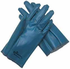 MCR Safety - Size L (9) Nitrile Coated Cotton Interlock General Protection Work Gloves - For General Purpose, Fully Coated, Slip-On Cuff, Full Fingered, White/Blue/Dark Brown, Paired - Strong Tooling