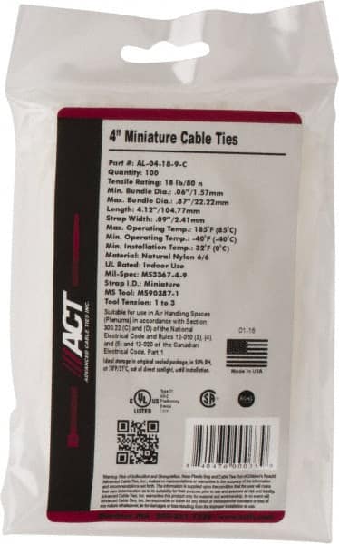 Made in USA - 4-1/8" Long Natural (Color) Nylon Standard Cable Tie - 18 Lb Tensile Strength, 1.07mm Thick, 22.23mm Max Bundle Diam - Strong Tooling