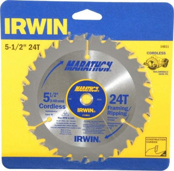 Irwin - 5-1/2" Diam, 10mm Arbor Hole Diam, 24 Tooth Wet & Dry Cut Saw Blade - Carbide-Tipped, Framing & Ripping Action, Standard Round Arbor - Strong Tooling