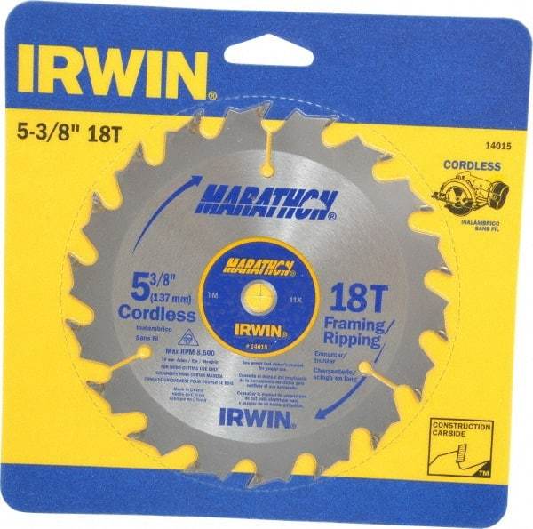 Irwin - 5-3/8" Diam, 10mm Arbor Hole Diam, 18 Tooth Wet & Dry Cut Saw Blade - Carbide-Tipped, Framing & Ripping Action, Standard Round Arbor - Strong Tooling