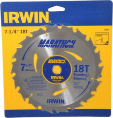 Irwin - 7-1/4" Diam, 5/8" Arbor Hole Diam, 18 Tooth Wet & Dry Cut Saw Blade - Carbide-Tipped, Framing & Ripping Action, Diamond Arbor - Strong Tooling