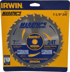 Irwin - 7-1/4" Diam, 5/8" Arbor Hole Diam, 24 Tooth Wet & Dry Cut Saw Blade - Carbide-Tipped, Framing & Ripping Action, Diamond Arbor - Strong Tooling