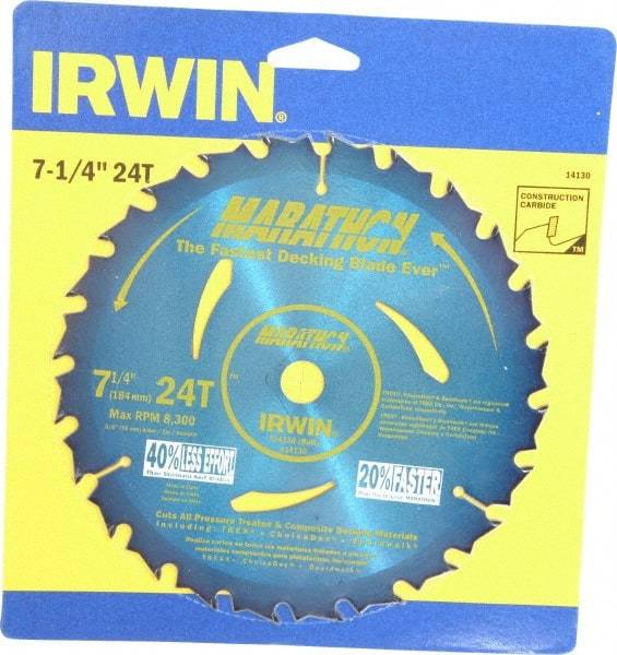 Irwin - 7-1/4" Diam, 5/8" Arbor Hole Diam, 24 Tooth Wet & Dry Cut Saw Blade - Carbide-Tipped, General Purpose Action, Diamond Arbor - Strong Tooling