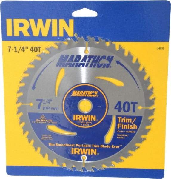 Irwin - 7-1/4" Diam, 5/8" Arbor Hole Diam, 40 Tooth Wet & Dry Cut Saw Blade - Carbide-Tipped, Finishing & Trimming Action, Diamond Arbor - Strong Tooling