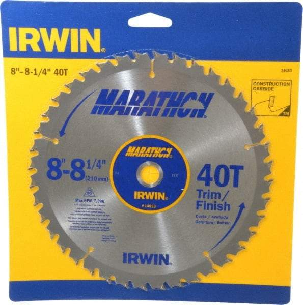 Irwin - 8-1/4" Diam, 5/8" Arbor Hole Diam, 40 Tooth Wet & Dry Cut Saw Blade - Carbide-Tipped, Finishing & Trimming Action, Diamond Arbor - Strong Tooling