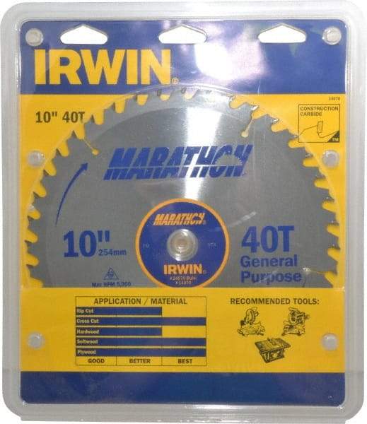 Irwin - 10" Diam, 5/8" Arbor Hole Diam, 40 Tooth Wet & Dry Cut Saw Blade - Carbide-Tipped, General Purpose Action, Standard Round Arbor - Strong Tooling