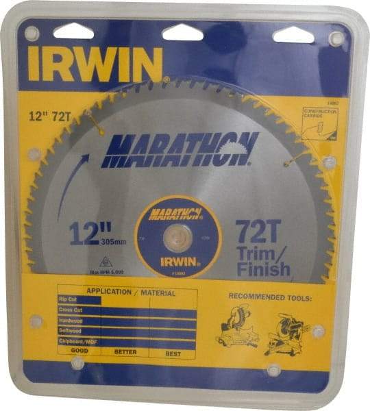 Irwin - 12" Diam, 1" Arbor Hole Diam, 72 Tooth Wet & Dry Cut Saw Blade - Carbide-Tipped, Finishing & Trimming Action, Standard Round Arbor - Strong Tooling