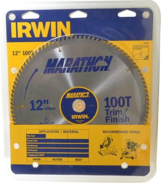 Irwin - 12" Diam, 1" Arbor Hole Diam, 100 Tooth Wet & Dry Cut Saw Blade - Carbide-Tipped, Finishing & Trimming Action, Standard Round Arbor - Strong Tooling