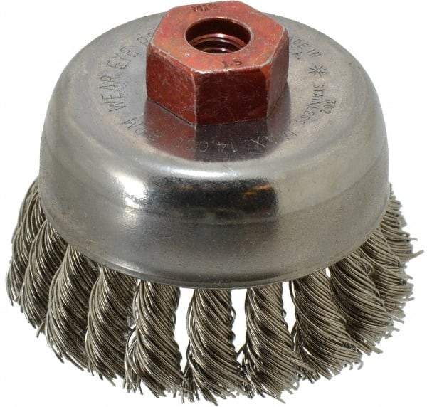 Anderson - 2-3/4" Diam, M10x1.50 Threaded Arbor, Stainless Steel Fill Cup Brush - 0.02 Wire Diam, 3/4" Trim Length, 14,000 Max RPM - Strong Tooling