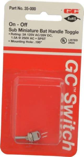 GC/Waldom - SPST Sub Miniature On-Off Toggle Switch - Solder Lug Terminal, Bat Handle Actuator, 125 VAC at 3 A & 250 VAC at 1.50 A - Strong Tooling