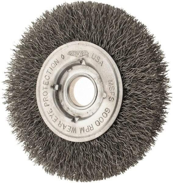 Osborn - 4" OD, 1/2 & 5/8" Arbor Hole, Crimped Steel Wheel Brush - 5/8" Face Width, 13/16" Trim Length, 0.0104" Filament Diam, 6,000 RPM - Strong Tooling