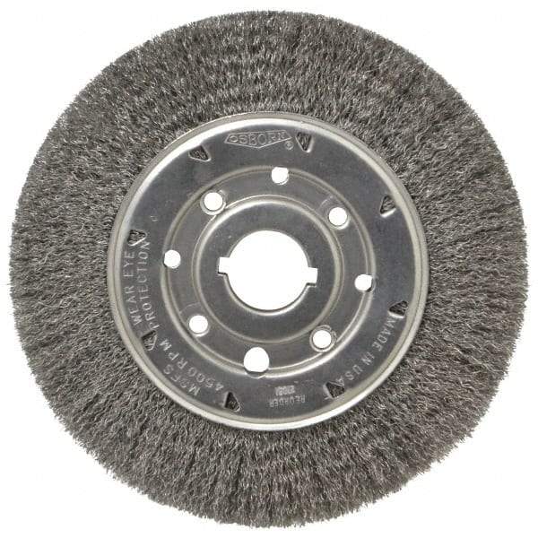 Osborn - 8" OD, 1-1/4" Arbor Hole, Crimped Steel Wheel Brush - 5/8" Face Width, 1-1/2" Trim Length, 0.0104" Filament Diam, 4,500 RPM - Strong Tooling