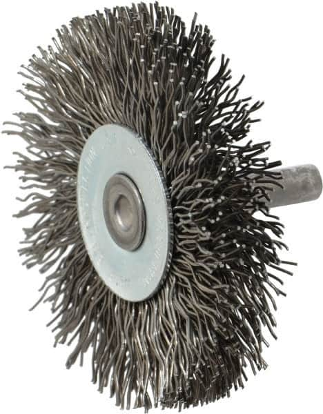 Osborn - 2-1/2" OD, 1/4" Shank Diam, Crimped Steel Wheel Brush - 7/16" Face Width, 11/16" Trim Length, 0.02" Filament Diam, 25,000 RPM - Strong Tooling