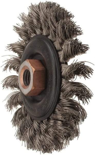 Osborn - 4" OD, 1/2-13 Arbor Hole, Knotted Stainless Steel Wheel Brush - 3/8" Face Width, 7/8" Trim Length, 0.014" Filament Diam, 20,000 RPM - Strong Tooling