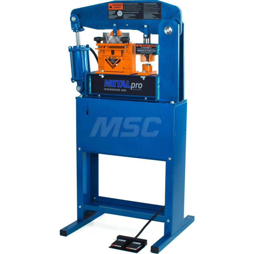 Ironworkers; Throat Depth: 3.75 in; Punching Pressure: 40; Punching Capacity: 3/8 in; Hydraulic Pressure: 3000; Pipe Notching Capacity: 1/4 x 1-3/4 x 2; Pipe Notching Capacity In Schedule 40 Id: 2 in; Shearing Capacity At 45 Degrees: 3 x 3 x 1/4; Shearing