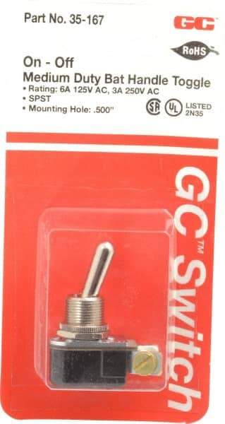 GC/Waldom - SPST Medium Duty On-Off Toggle Switch - Screw Terminal, Bat Handle Actuator, 125 VAC at 6 A & 250 VAC at 3 A - Strong Tooling