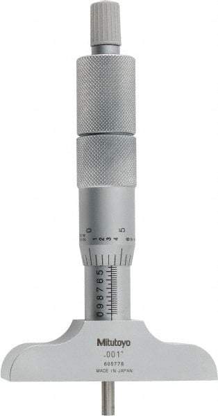 Mitutoyo - 0 to 4" Range, 4 Rod, Satin Chrome Finish Mechanical Depth Micrometer - Ratchet Stop Thimble, 2-1/2" Base Length, 0.01mm Graduation, 4mm Rod Diam - Strong Tooling