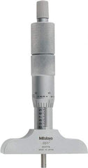 Mitutoyo - 0 to 4" Range, 4 Rod, Satin Chrome Finish Mechanical Depth Micrometer - Ratchet Stop Thimble, 2-1/2" Base Length, 0.01mm Graduation, 4mm Rod Diam - Strong Tooling