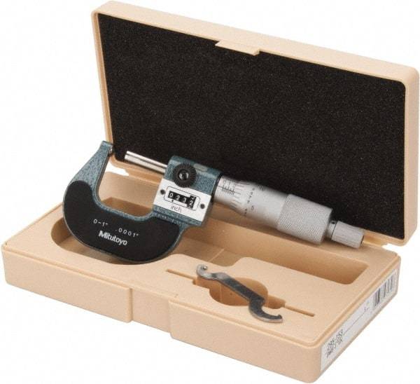 Mitutoyo - 1 Inch Max Measurement, 0.0001 Inch Graduation, Spherical Face Micrometer - Accuracy Up to 0.0002 Inch, Baked Enamel Coated, Steel Measuring Face Material, Mechanical Operation, Ratchet Stop Thimble, Ball - Strong Tooling