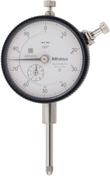 Mitutoyo - 1" Range, 0-100 Dial Reading, 0.001" Graduation Dial Drop Indicator - 2-3/16" Dial, 0.1" Range per Revolution, 0.002" Accuracy, Revolution Counter - Strong Tooling