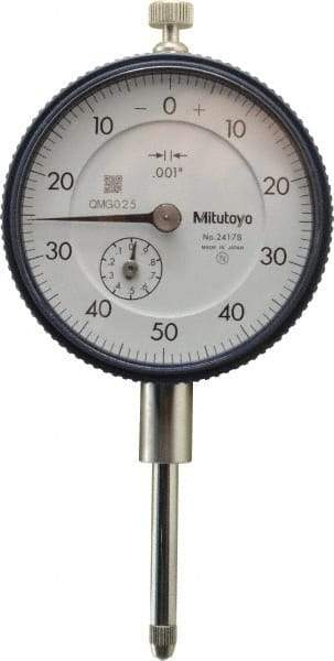 Mitutoyo - 1" Range, 0-50-0 Dial Reading, 0.001" Graduation Dial Drop Indicator - 2-1/4" Dial, 0.1" Range per Revolution, 0.002" Accuracy, Revolution Counter - Strong Tooling