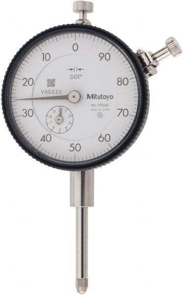 Mitutoyo - 1" Range, 100-0 Dial Reading, 0.001" Graduation Dial Drop Indicator - 2-1/4" Dial, 0.1" Range per Revolution, 0.002" Accuracy, Revolution Counter - Strong Tooling