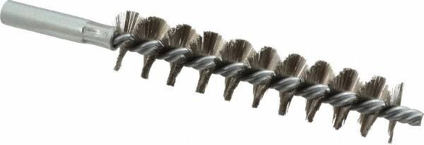 Schaefer Brush - 4" Brush Length, 7/8" Diam, Double Stem, Single Spiral Tube Brush - 6-1/4" Long, Stainless Steel, 12-24 Female Connection - Strong Tooling