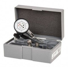 Mitutoyo - 9 Piece, 0" to 0.06" Measuring Range, 40mm Dial Diam, 0-15-0 Dial Reading, White Dial Test Indicator Kit - 0.0005" Accuracy, 1.33" Contact Point Length, 0.039, 0.079 & 0.118" Ball Diam, 0.0005" Dial Graduation - Strong Tooling