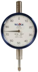 Teclock - 1/4" Range, 0-100 Dial Reading, 0.001" Graduation Dial Drop Indicator - 2-11/64" Dial, 0.1" Range per Revolution, 0.0007" Accuracy - Strong Tooling