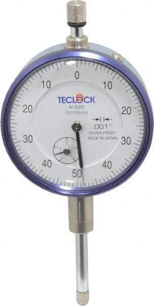 Teclock - 1" Range, 0-50-0 Dial Reading, 0.001" Graduation Dial Drop Indicator - 2-11/64" Dial, 0.1" Range per Revolution, 0.0014" Accuracy, Revolution Counter - Strong Tooling