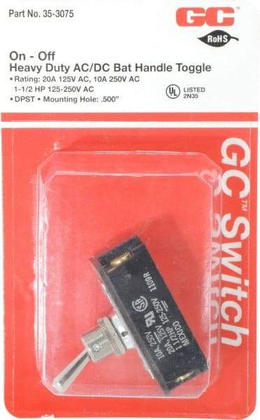 GC/Waldom - DPST Heavy Duty On-Off Toggle Switch - Screw Terminal, Bat Handle Actuator, 1-1/2 hp at 125/250 VAC hp, 125 VAC at 20 A & 250 VAC at 10 A - Strong Tooling