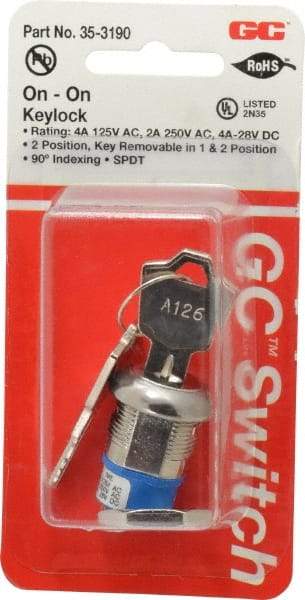 GC/Waldom - 4 Amp at 125 Volt, SPDT, 4 Tumbler Key Switch with Detent - Solder Terminal, 0.76 Inch Mount Hole Diameter, 0.931 Inch Cylinder Length, On-On Sequence - Strong Tooling