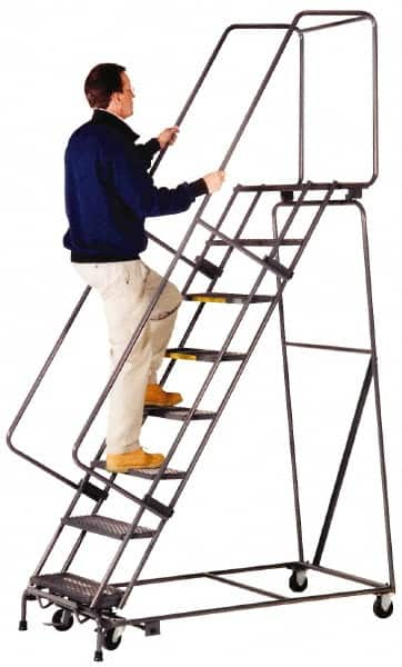 Ballymore - 113" 8 Step Ladder - Lock Step Rolling Safety Ladder, 450 Lb Capacity, 80" Platform Height, 32" Base Width x 61" Depth, Abrasive Mat Tread - Strong Tooling